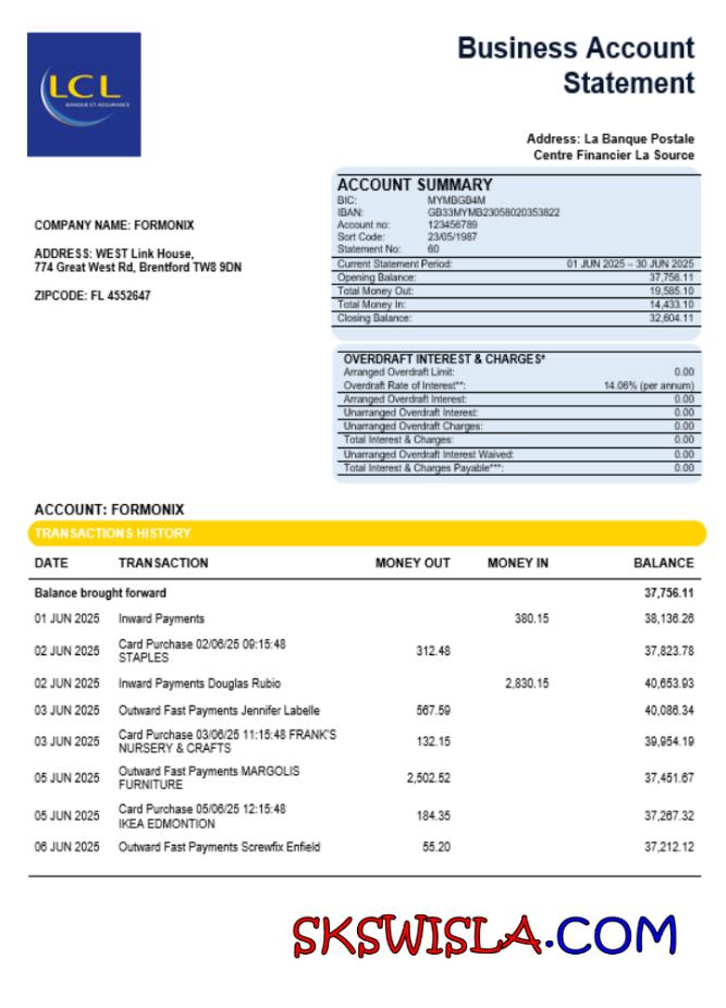 Oświadczenie firmy Centre National des Chèques Postaux, szablon Word i PDF